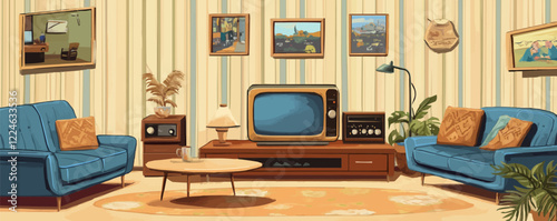 Vintage vector living room with retro decor and furniture.