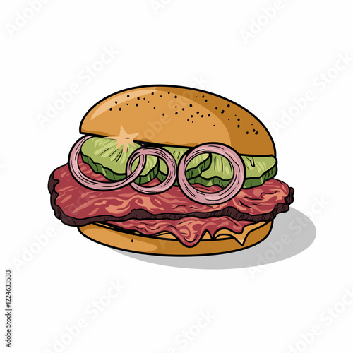 BBQ Brisket Sandwich with Pickles and Onions Illustration