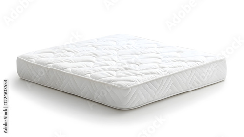 Comfortable white mattress with tufted design, isolated on white background
