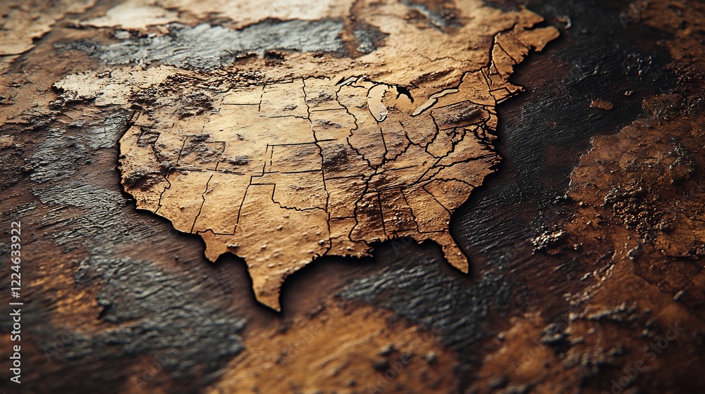 Naklejka premium Intricate Wooden US Map Deeply Textured Warm Tones. AI Generated