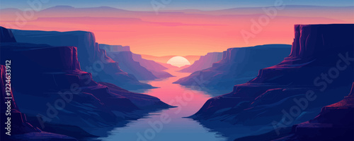 Vector sunset canyon landscape with vibrant colors and scenic view.