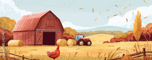 Rustic farm vector scene with red barn and tractor in countryside.