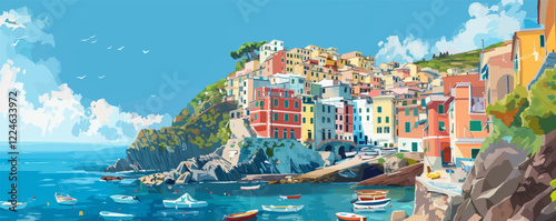 Colorful coastal townscape vector artwork with boats and cliffs.