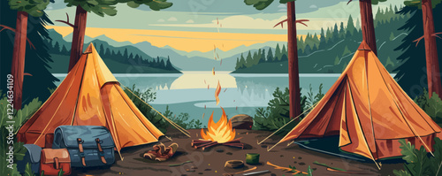 Vector forest camping scene at sunset with tents by a lake.