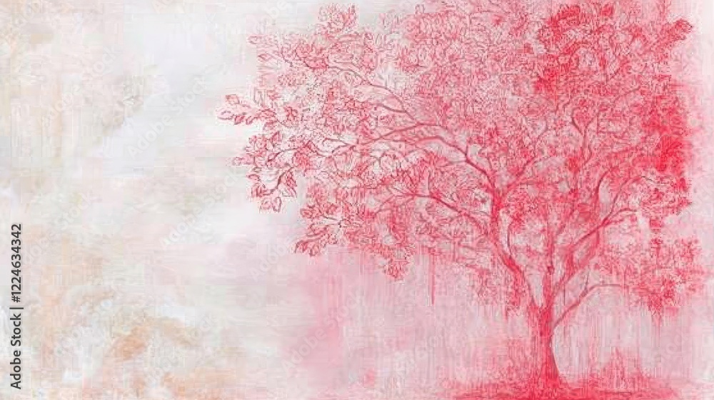 Fototapeta premium Delicate Red Tree Drawing on Textured Background
