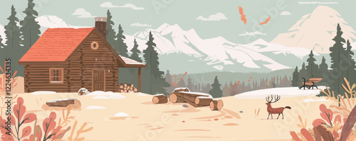 Vector cabin in snowy mountain landscape with wildlife.