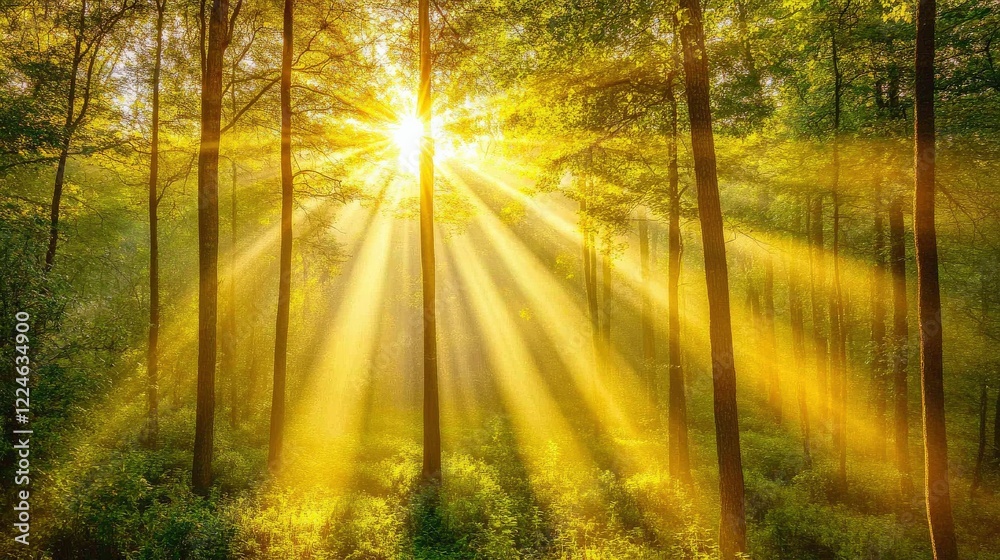 Golden sunlight shining through the branches of tall trees, highlighting the beauty of an untouched forest. Golden sunlight shining through the branches of tall trees, highlighting the beauty of an untouched forest.