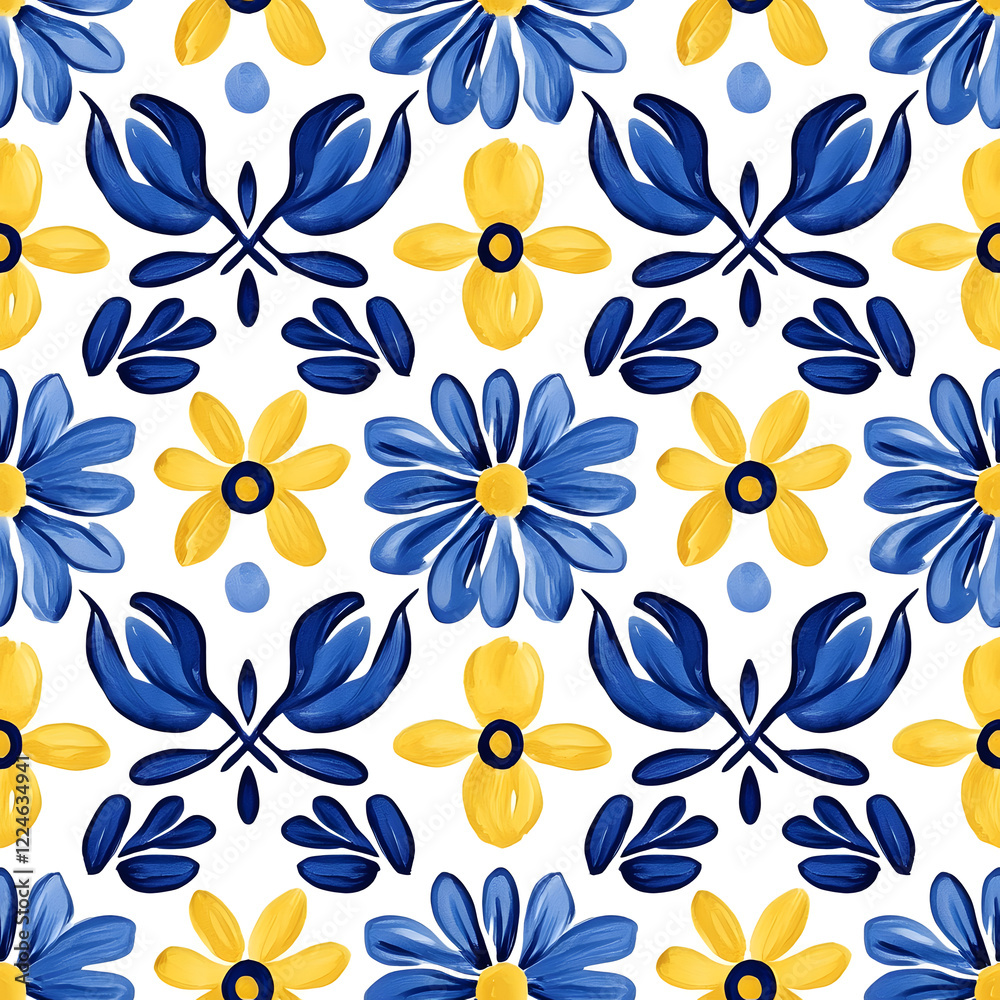 Fototapeta premium Blue and yellow tile hand drawn watercolor seamless pattern. Pattern of azulejos tiles