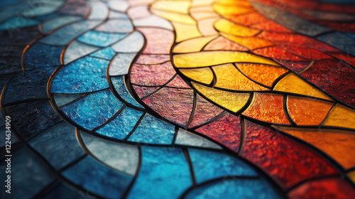 A mosaic wallpaper of small, colorful tiles forming a geometric abstract design