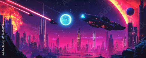 Futuristic vector space cityscape with flying spaceships.