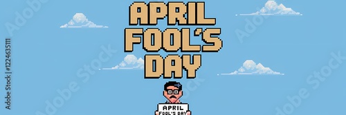 A minimalist April Fool's Day poster with a pixel theme. The text 