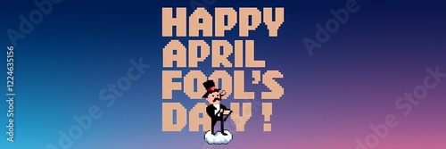 A creative minimalist April Fool's Day poster design with a pixel theme. The poster contains the text 