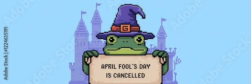 A pixel art illustration of a frog wearing a wizard hat, holding a scroll with the text 