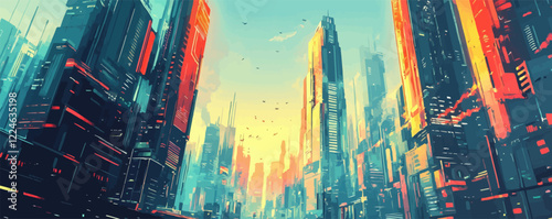 Futuristic vector cityscape with skyscrapers at sunset.