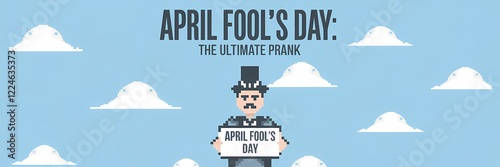 A minimalist April Fool's Day poster with a pixel theme. The poster contains the text 