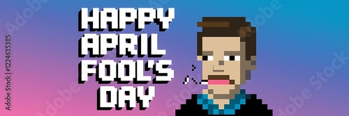 A creative minimalist April Fool's Day poster design with a pixel theme. The poster has a large text that says 