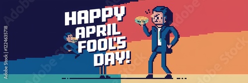 A minimalist April Fool's Day poster design with a pixel theme. The poster has a large text that says 