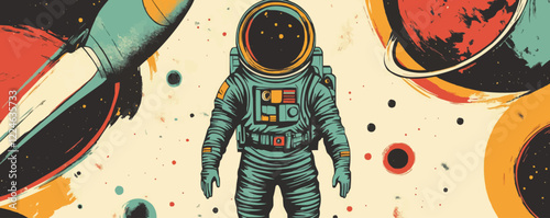 Space exploration vector art: astronaut amidst planets and rockets.
