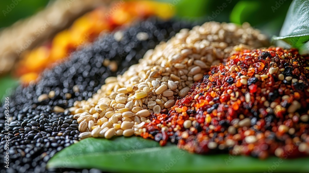 Vibrant close-up of exotic bird seed mix spilling onto a green leaf Vibrant close-up of exotic bird seed mix spilling onto a green leaf