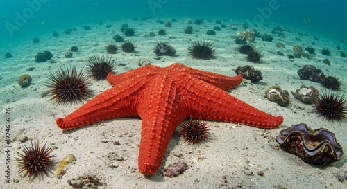 A giant starfish on the ocean floor, blending with the seascape, surrounded photo