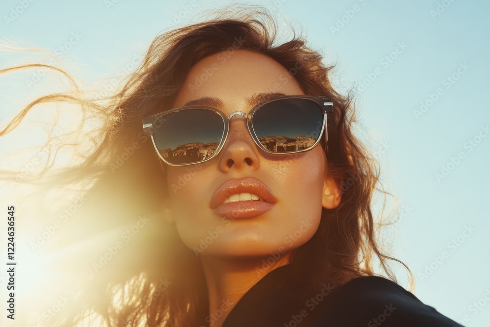 Fashion model wearing sunglasses with cityscape reflection at sunset Fashion model wearing sunglasses with cityscape reflection at sunset