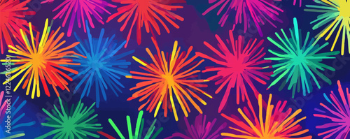 Vibrant fireworks vector background with colorful bursts.