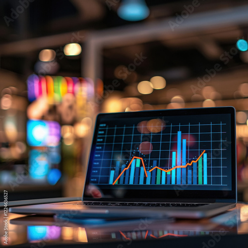 Laptop kept on the table focused on a Indian retail departmental store background