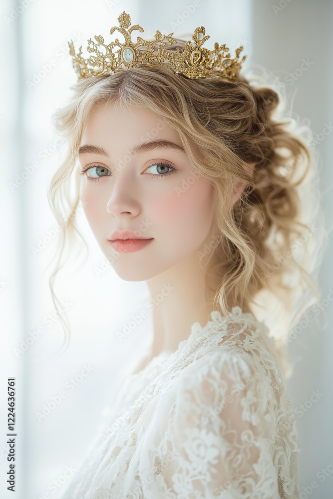 delicate young woman with soft blonde curls and a serene expression, wearing an ornate golden crown and an intricately detailed lace dress, set against a bright, airy background delicate young woman with soft blonde curls and a serene expression, wearing an ornate golden crown and an intricately detailed lace dress, set against a bright, airy background