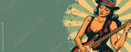 Retro vector art of woman with guitar in vintage style.