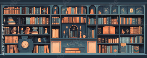 Vintage bookshelf vector with classic literature and ornamental objects.