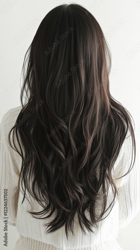 Fototapeta premium Long, dark brown hair, layered and textured, with soft waves, in the back view, styled at Starlight Hair Salon