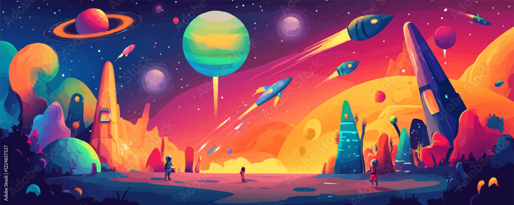 Obraz premium Vector space adventure with colorful planets and rocket ships.
