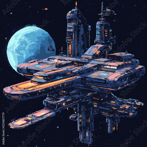 Futuristic vector depiction of a space station with blue planet background.