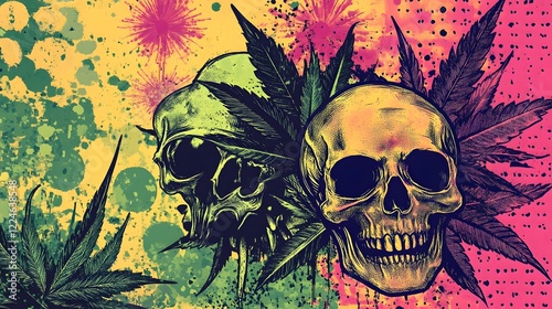 Psychedelic Skull with Cannabis Leaves Bursting in Vibrant Neon Splatter photo