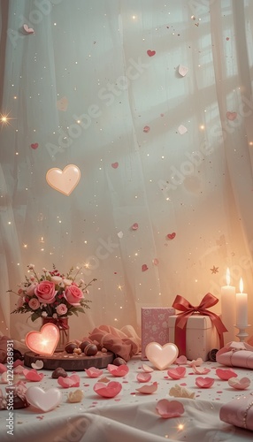 Light pink Valentine's Day background. Roses, candles and gifts. Empty space for text. Perfect for Valentine's Day