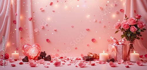 Light pink Valentine's Day background. Roses, candles and gifts. Empty space for text. Perfect for Valentine's Day