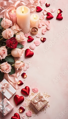 Light pink Valentine's Day background. Roses, candles and gifts. Empty space for text. Perfect for Valentine's Day
