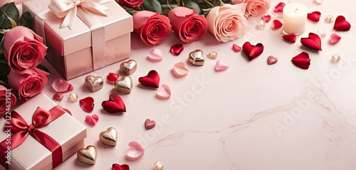 Light pink Valentine's Day background. Roses, candles and gifts. Empty space for text. Perfect for Valentine's Day