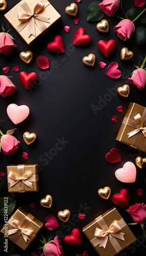 Dark background with Valentine's Day theme. Roses, candles and gifts, empty space for text. Perfect for Valentine's Day