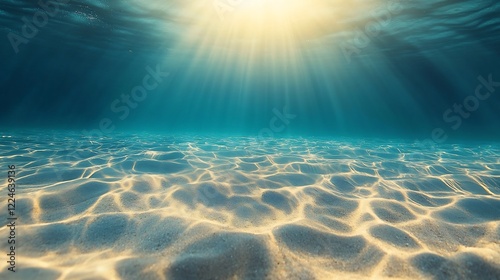 Serene underwater scene sunbeams gently illuminate sandy ocean floor. AI Generated