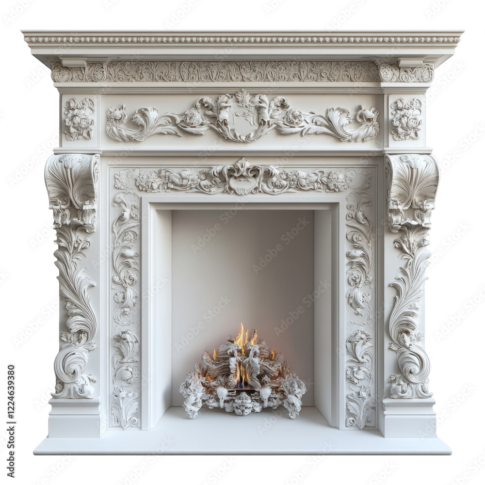 Naklejka premium Ornate white fireplace with decorative carvings and glowing firewood