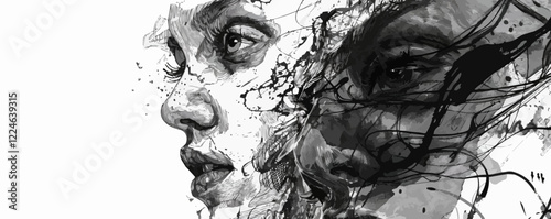 Creative vector artwork of dual human faces in monochrome style.