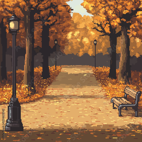 Autumn park pathway vector with pixel art lamp posts and trees.