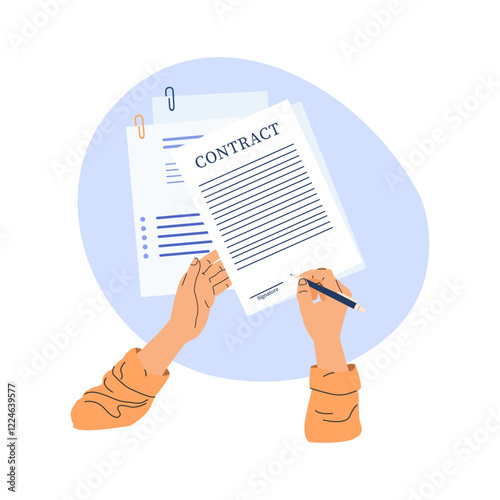 Hands holding a document and a pen. Contract, agreement concept, document signing. Vector illustration in flat style