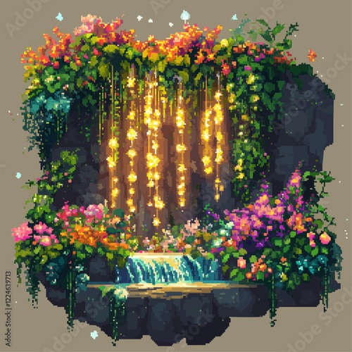 Enchanting floral waterfall garden vector with sparkling lights.