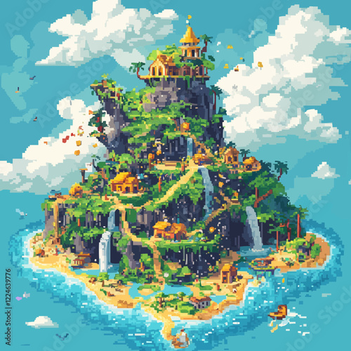 Pixel art vector: tropical island sanctuary with cascading waterfalls.