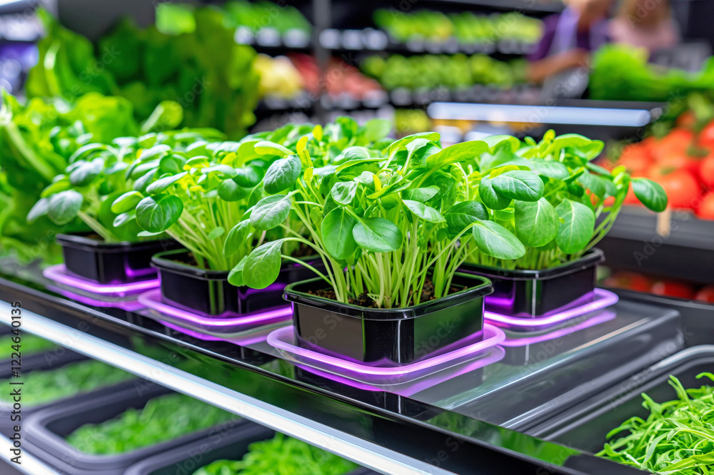 Fresh microgreens in trays in supermarket against the background of shelves with fresh vegetables. Fresh microgreens advertising concept from farmer. Microgreens for vegetarian diets, natural vitamins Fresh microgreens in trays in supermarket against the background of shelves with fresh vegetables. Fresh microgreens advertising concept from farmer. Microgreens for vegetarian diets, natural vitamins