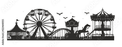 Vector carnival silhouette with ferris wheel and carousel.