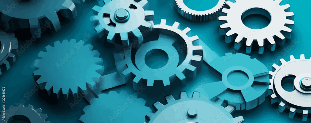 Vector design of interlocking mechanical gear components in blue tones. Vector design of interlocking mechanical gear components in blue tones.