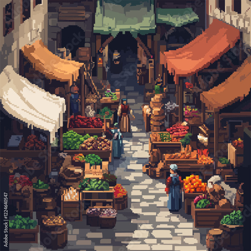 Colorful vector pixel art of a bustling medieval market scene.